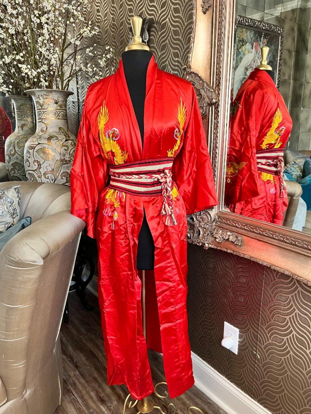 Golden Bee red silk kimono intricate gold dragon embroidery robe/ duster